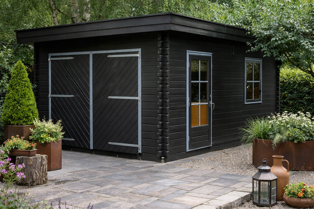 High-quality timber garage with a classic pitched roof, featuring wide double doors for easy access. The garage sits on a sturdy concrete base, surrounded by a neatly laid gravel driveway edged with brick. Natural wood tones blend seamlessly with the outdoor setting, offering a functional and aesthetically pleasing storage solution. This bespoke structure was supplied by Lugarde and meticulously designed and installed by Forever Timber, showcasing exceptional craftsmanship and attention to detail