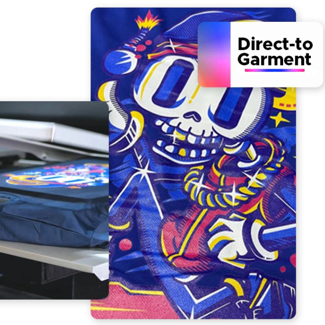 Direct-to-garment printing of vibrant skeleton design on navy t-shirt, showcasing custom eco-friendly apparel production.