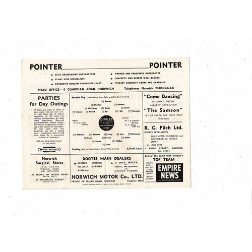 1959/60 Norwich City v Reading Football Programme