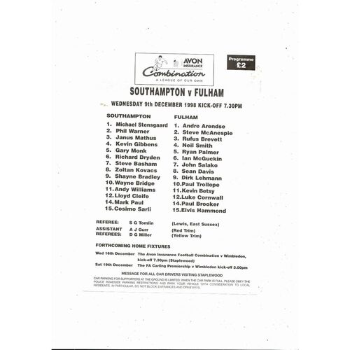 Southampton v Fulham Football Combination Football Programme 1998/99