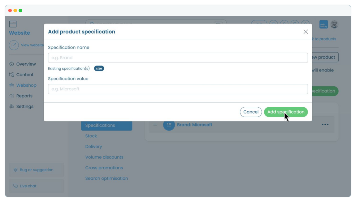 How to add and manage product specifications | Webfactory Support | Webfactory