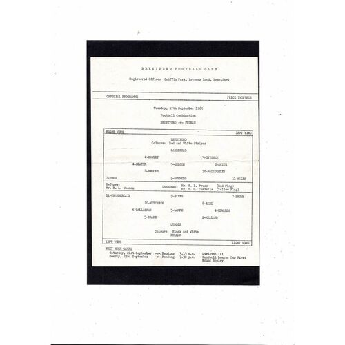 Brentford v Fulham Football Combination Programme 1963/64