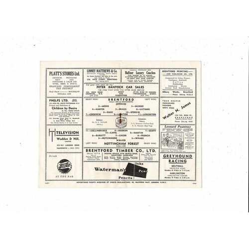 1952/53 Brentford v Nottingham Forest Football Programme