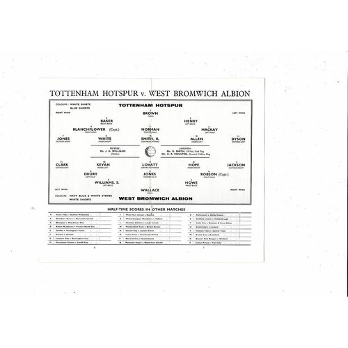 1960/61 Tottenham Hotspur v West Bromwich Albion Championship edition Football Programme