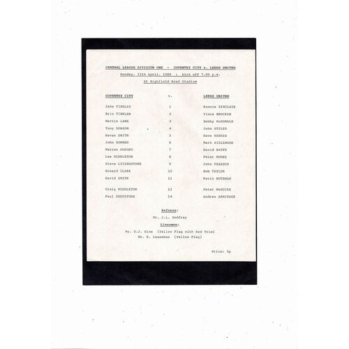 Coventry City v Leeds United Central League Football Programme 1987/88