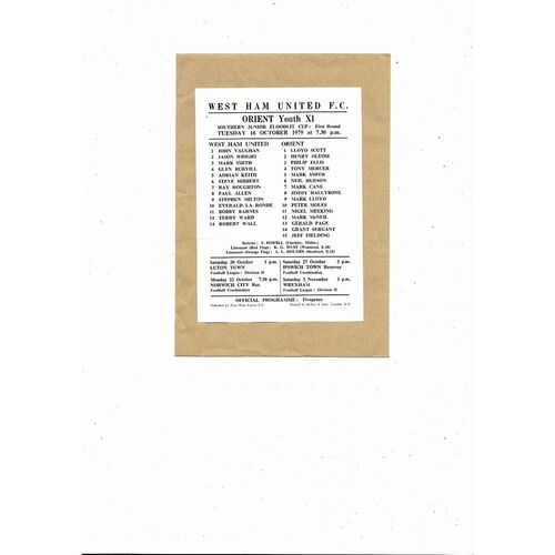 West Ham United v Orient Southern Junior Floodlit Cup Football Programme 1979/80