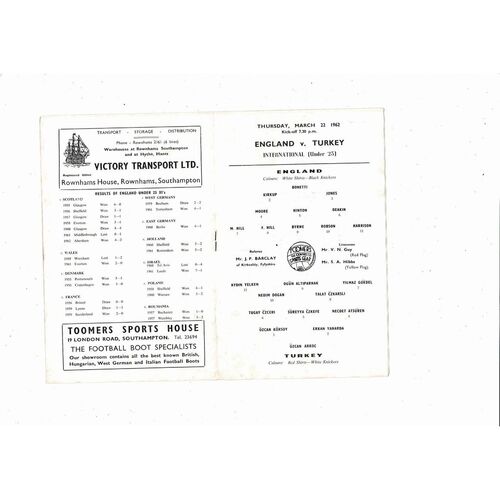 England v Turkey U23 International Football Programme 1961/62 @ Southampton