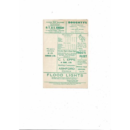 1963/64 Ashford Town v Folkestone Town Kent Floodlit Cup Football Programme