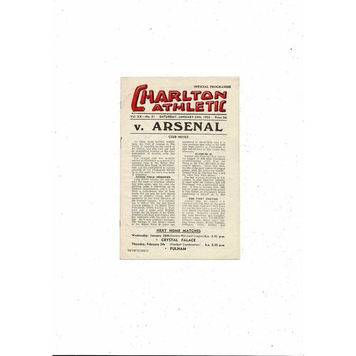 1952/53 Charlton Athletic v Arsenal Football Programme