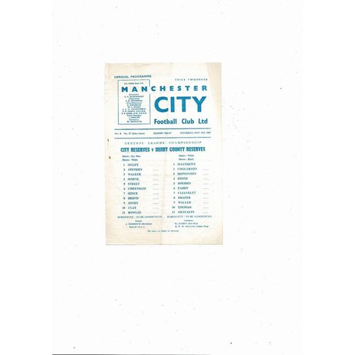 Manchester City v Derby County Central League Football Programme 1966/67