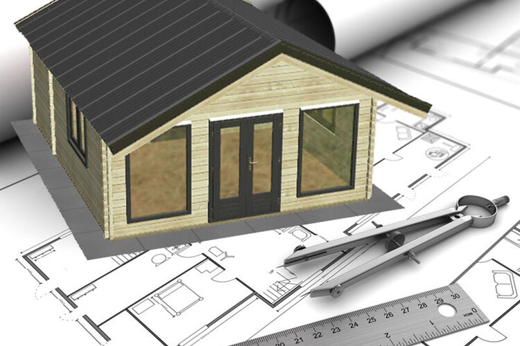 Illustration of a modern timber building design, featuring a pitched roof and large windows for natural light. The 3D model is placed on architectural blueprints, symbolizing the planning and design process. Tools such as a compass and ruler are visible, emphasizing precision and craftsmanship in creating custom timber structures. This image reflects the professional approach to designing functional and stylish buildings for residential or commercial purposes.