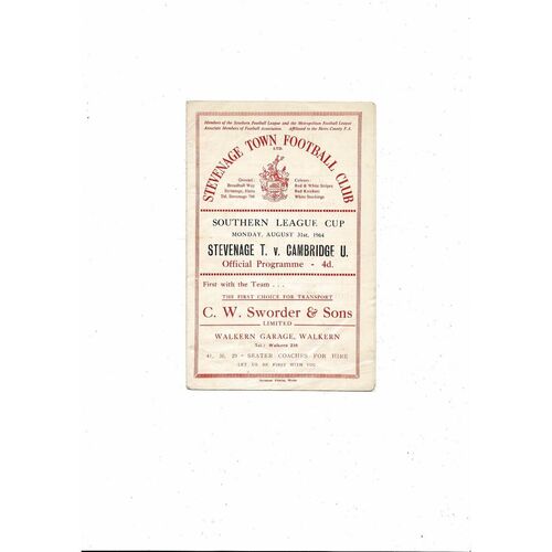 1964/65 Stevenage Town v Cambridge United Southern League Cup Programme