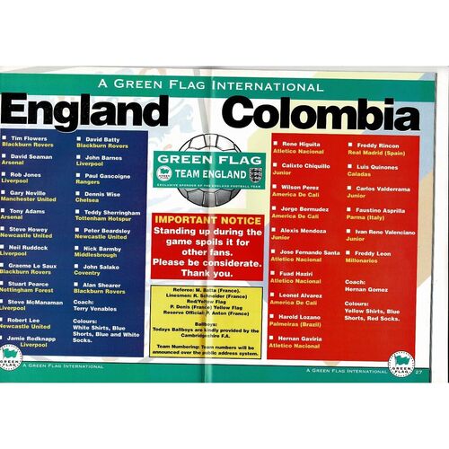 1995 England v Colombia Football Programme