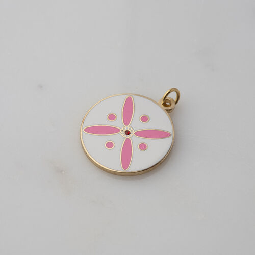 Round Pendant. The Persian Cross. Deep Pink on White with 1 Central Red Stone.