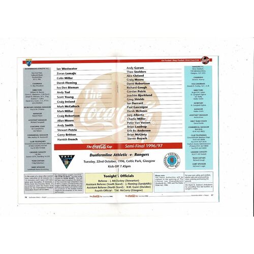 1996/97 Dunfermline v Rangers Scottish League Cup Semi Final Football Programme