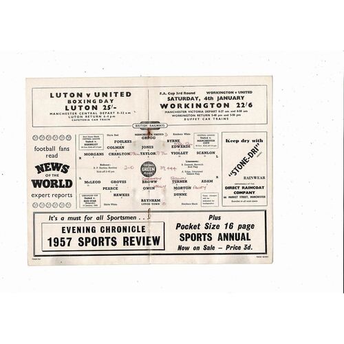 1957/58 Manchester United v Luton Town Football Programme