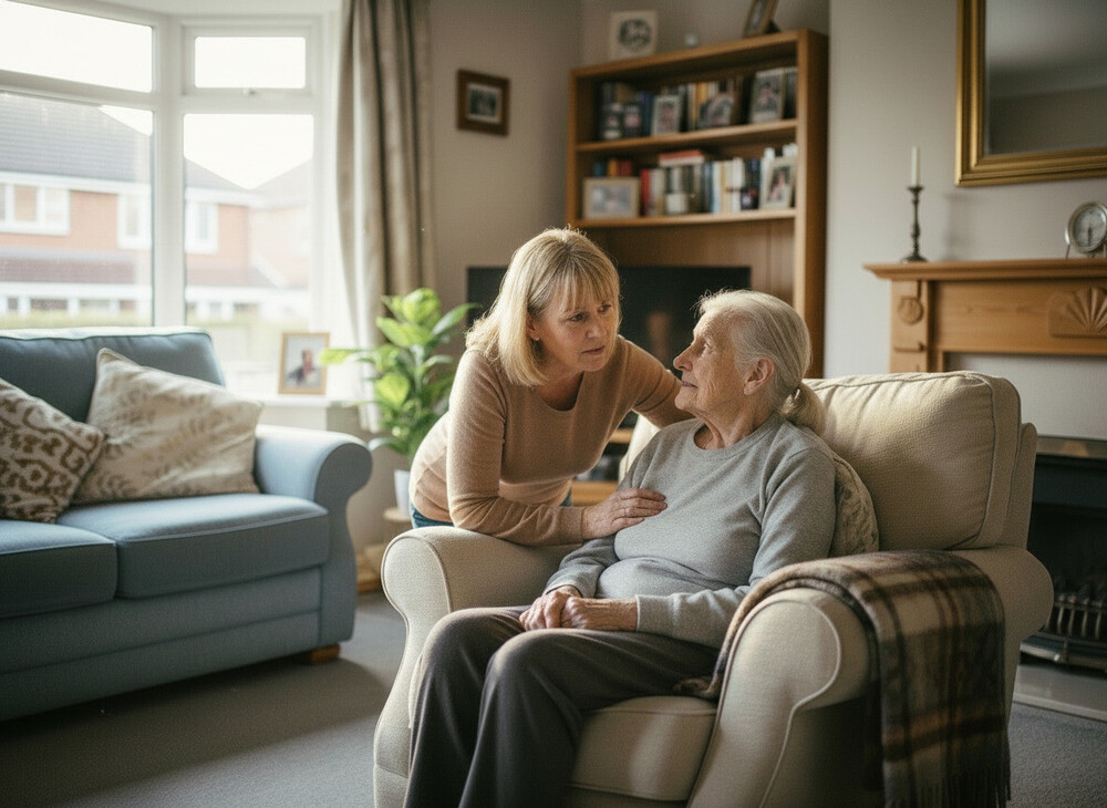 A family member gently reassures an older woman at home