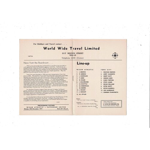 Wigan Athletic v York City FA Cup Football Programme 1977/78