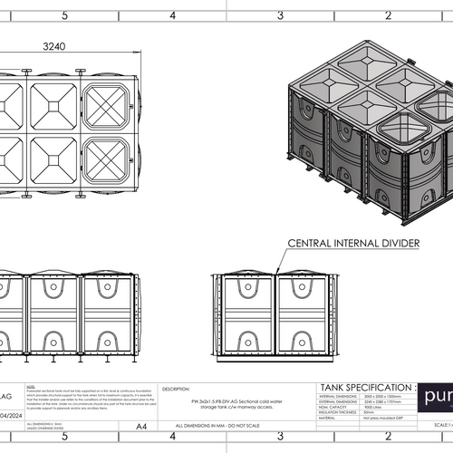 PW.3X2X1.5.IFB.DIV.AG(1.5+1.5) - 9000 LITRE DIVIDED SECTIONAL WATER TANK, INTERNALLY FLANGED BASE (IFB)