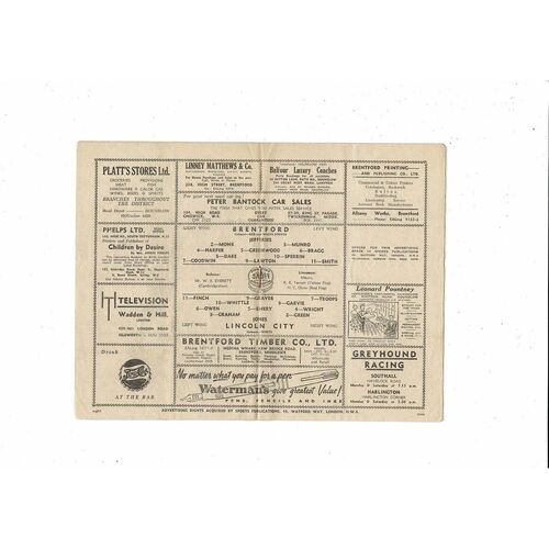 1952/53 Brentford v Lincoln City Football Programme