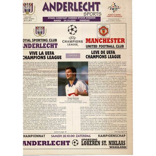 Anderlecht v Manchester United Champions League Football Programme 2000/01