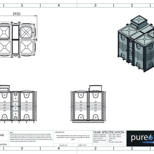 PW.2.5X2X2.IFB.AB - 10000 LITRE SECTIONAL WATER TANK, INTERNALLY FLANGED BASE (IFB) C/W FVH