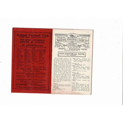 1938/39 Arsenal v Manchester United Football Programme