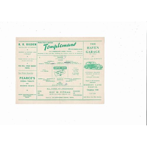 1955/56 Yeovil Town v Poole Western League Football Programme
