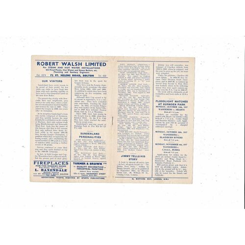 1957/58 Bolton Wanderers v Sunderland Football Programme