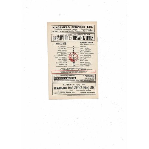 1973/74 Brentford v Newport County Football Programme