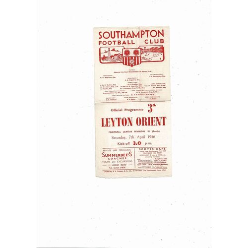 1955/56 Southampton v Leyton Orient Football Programme