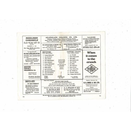 1966/67 Brentford v Newport County Football Programme