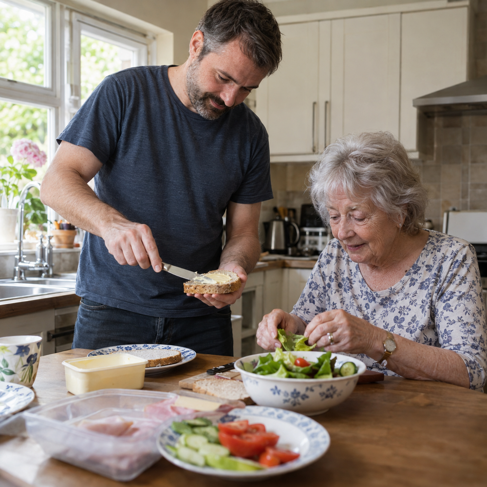 Adult son preparing a simple lunch with his elderly mother at home.