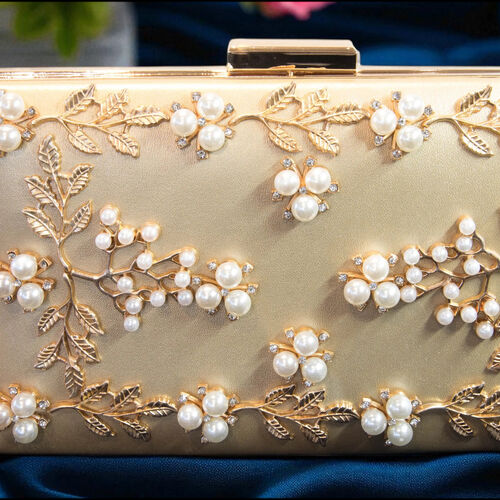 Faux Gold, Pearl & Crystal Embellished Box Clutch