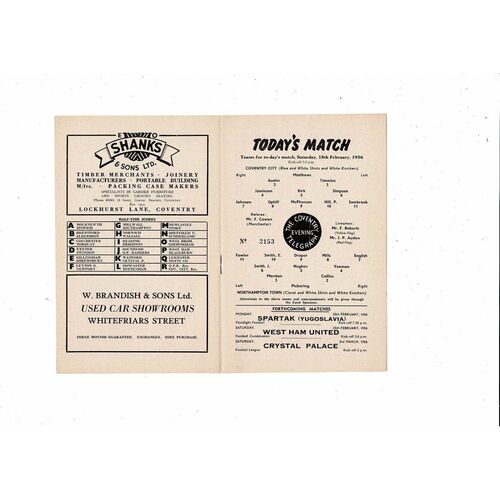 1955/56 Coventry City v Northampton Town Football Programme