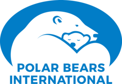 Polar Bears International logo with polar bear and cub in blue and white, symbolising wildlife conservation and climate action.