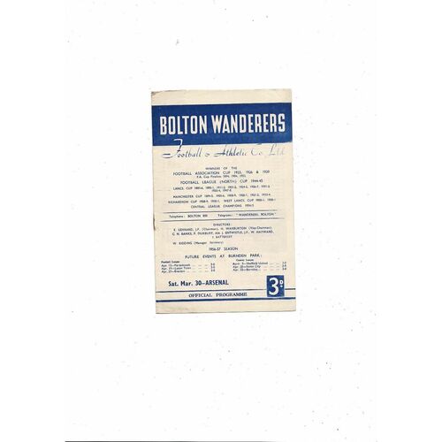 1956/57 Bolton Wanderers v Arsenal Football Programme