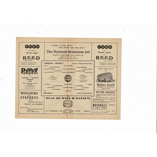 1959/60 Torquay United v Walsall Football Programme