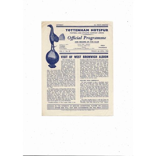 1957/58 Tottenham Hotspur v West Bromwich Albion Football Programme