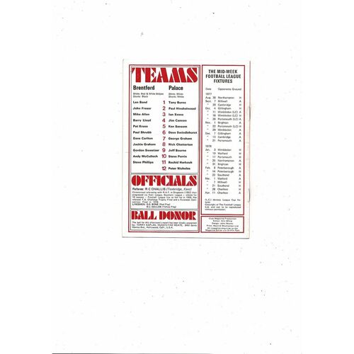 1977/78 Brentford v Crystal Palace League Cup Football Programme