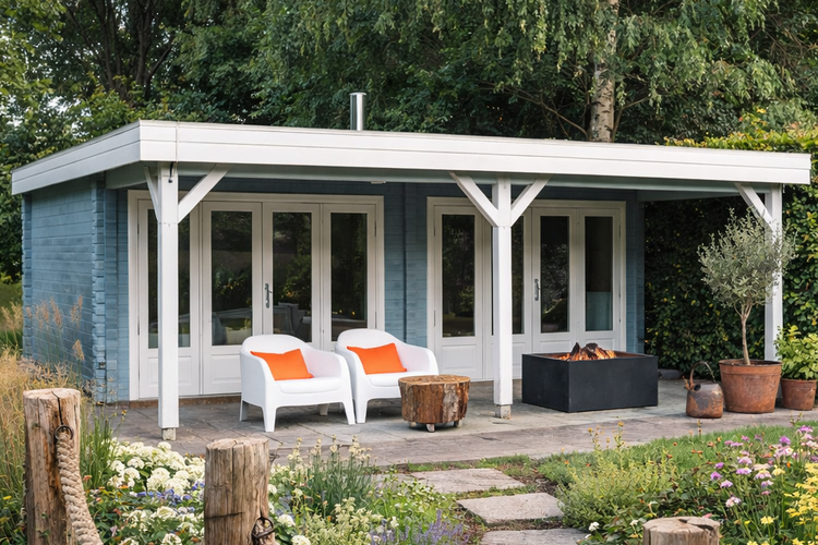 This modern accommodation is a two-story house with a black roof, white walls, and large windows. The front features a small porch adorned with potted plants. It is nestled in lush green lawns, among trees and colorfull foliage, under a clear blue sky.