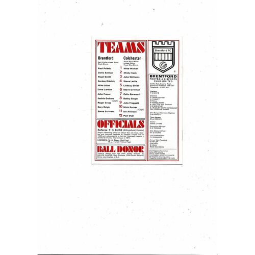 1976/77 Brentford v Colchester United Football Programme