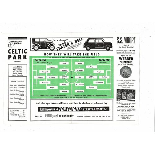 1965 Coleraine v Glenavon Irish Cup Final Football Programme