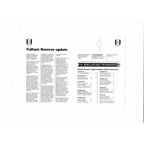 Fulham v Wimbledon Reserves Football Programme 2001/02