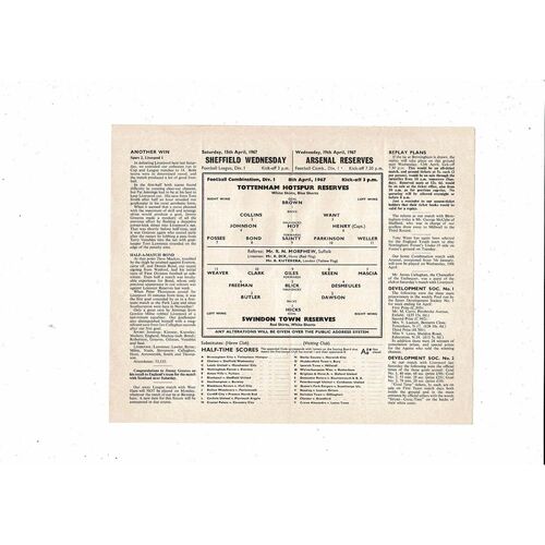 Tottenham Hotspur v Swindon Town Football Combination Programme 1966/67