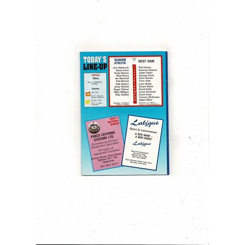 1989/90 Oldham Athletic v West Ham United League Cup Semi Final Football Programme