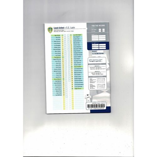 Leeds United v SS Lazio Champions League Football Programme 2000/01