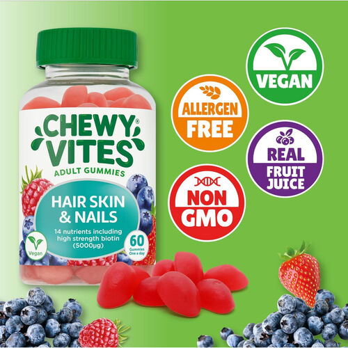 Chewy Vites Adult Hair Skin & Nails - High-Strength Biotin 5000mcg Blueberry & Raspberry Flavour - 60 Gummies