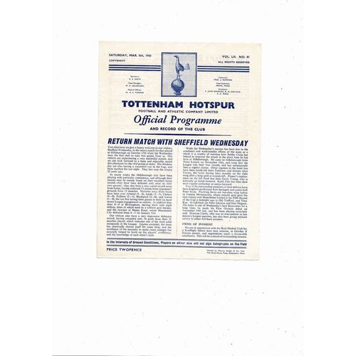 1959/60 Tottenham Hotspur v Sheffield Wednesday Football Programme