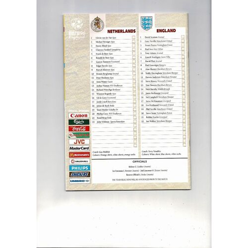 Euro 96 Netherlands v England Football Programme